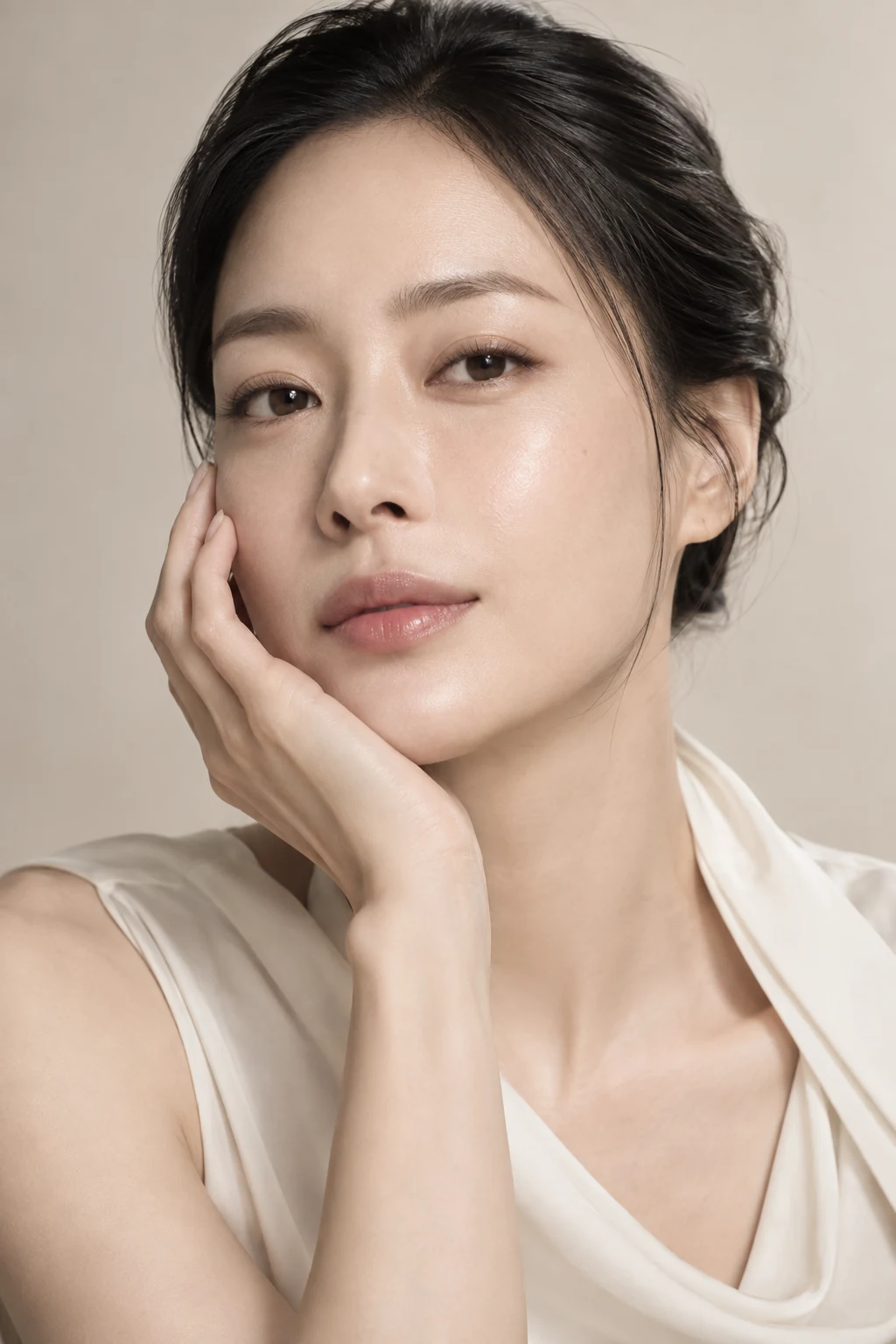 Korean skincare campaign model gently touching her cheek